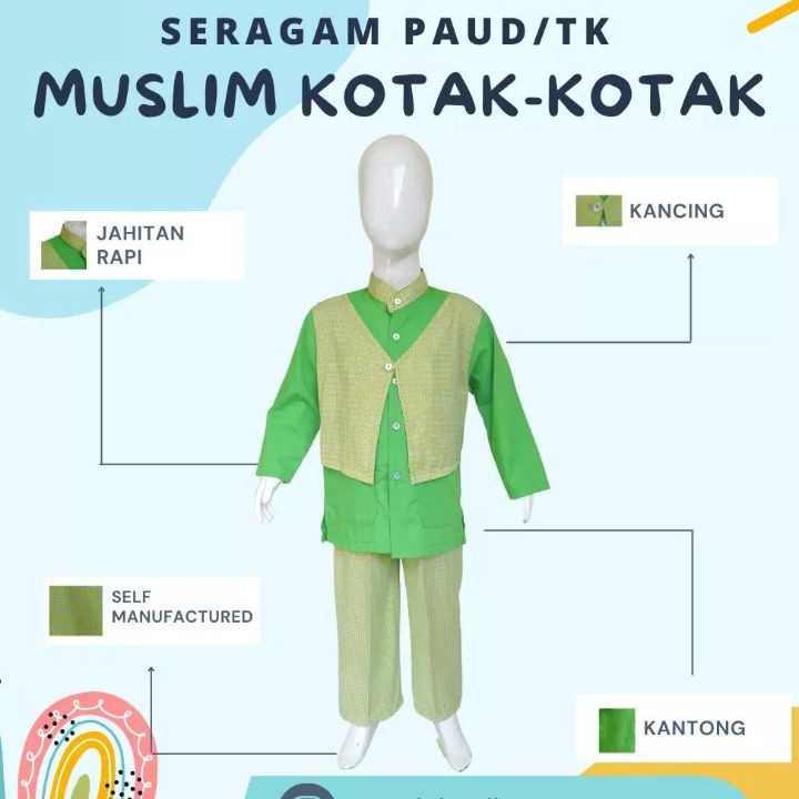 YSNV0321 COD SERAGAM TK/PAUD MUSLIM KOTAK-KOTAK BAJU TK/PAUD KOTAK-KOTAK HIJAU