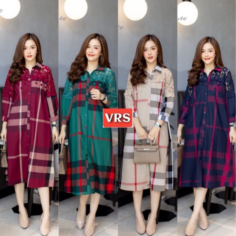 Dress Kotak Kombinasi Brokat / Pakaian Wanita / Pakaian Wanita Modern