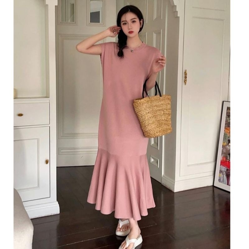 D8478 Midi dres dress lengan pendek polos duyung gaya cewek korea terbaru bahan adem bagus murah mur