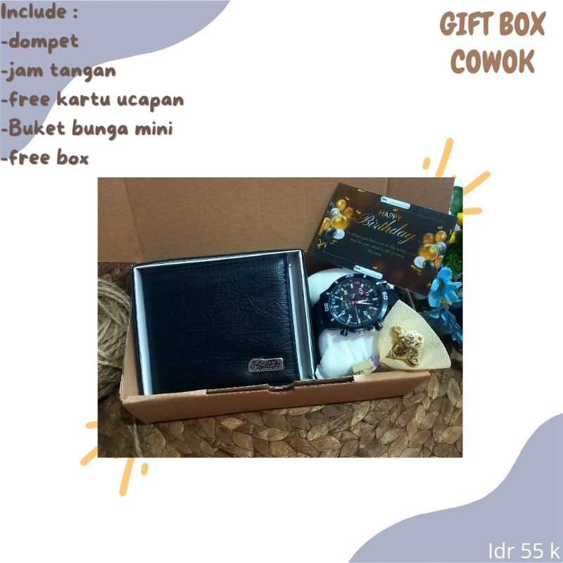 Hampers cowok ulang tahun/wisudah/pernikahan/paket kado cowok isi dompet dan jam tangan