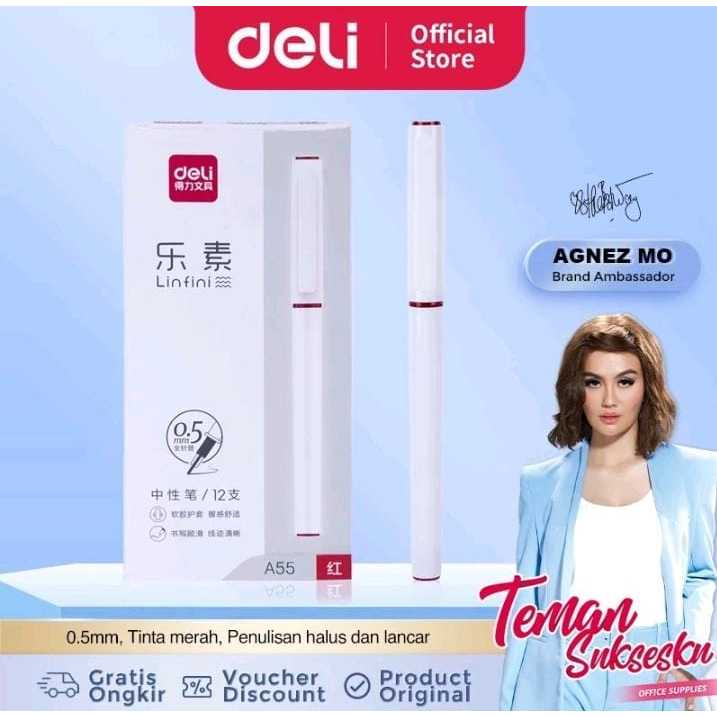 

Deli Gel Pen / Pulpen Gel 0.5mm Tinta Merah Desain Elegan Penulisan Halus A55