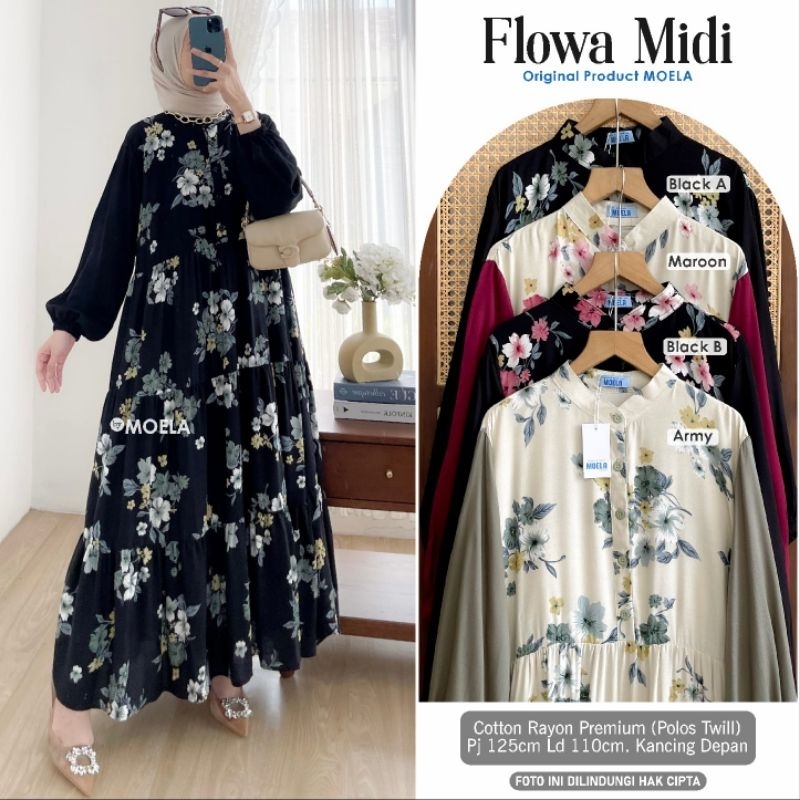 Flowa Midi Dress | gamis bunga bunga | gamis kombinasi polos | gamis terbaru