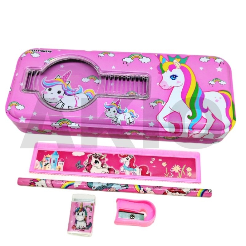 

Tempat Pensil Anak Set Alat Tulis BESAR 2 Susun Karakter UNICORN PONY PEGASUS Kaleng Besi Murah KT6620