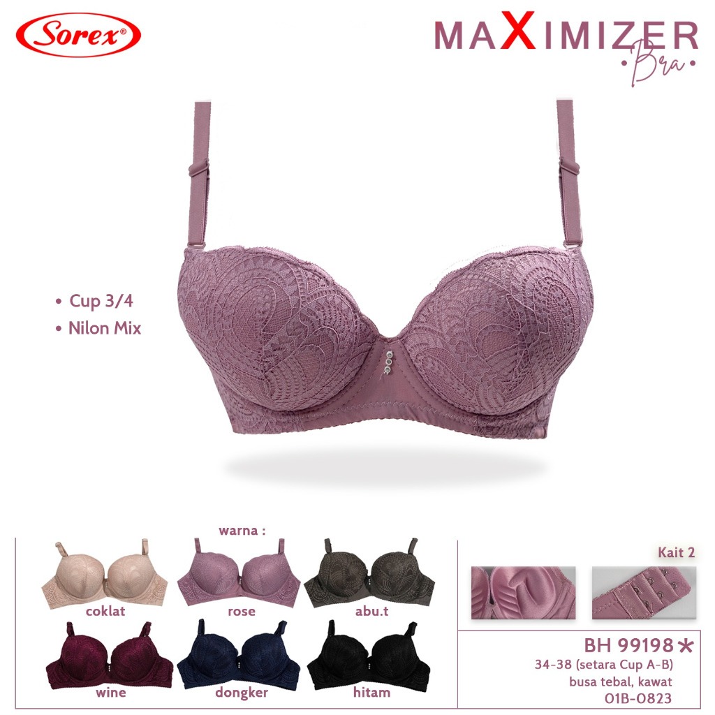 Sorex Maximizer Bra Push Up Busa Tebal Dengan Kawat Kait 2 Cup ¾ Setara A-B |  BH Brukat 99198 9819