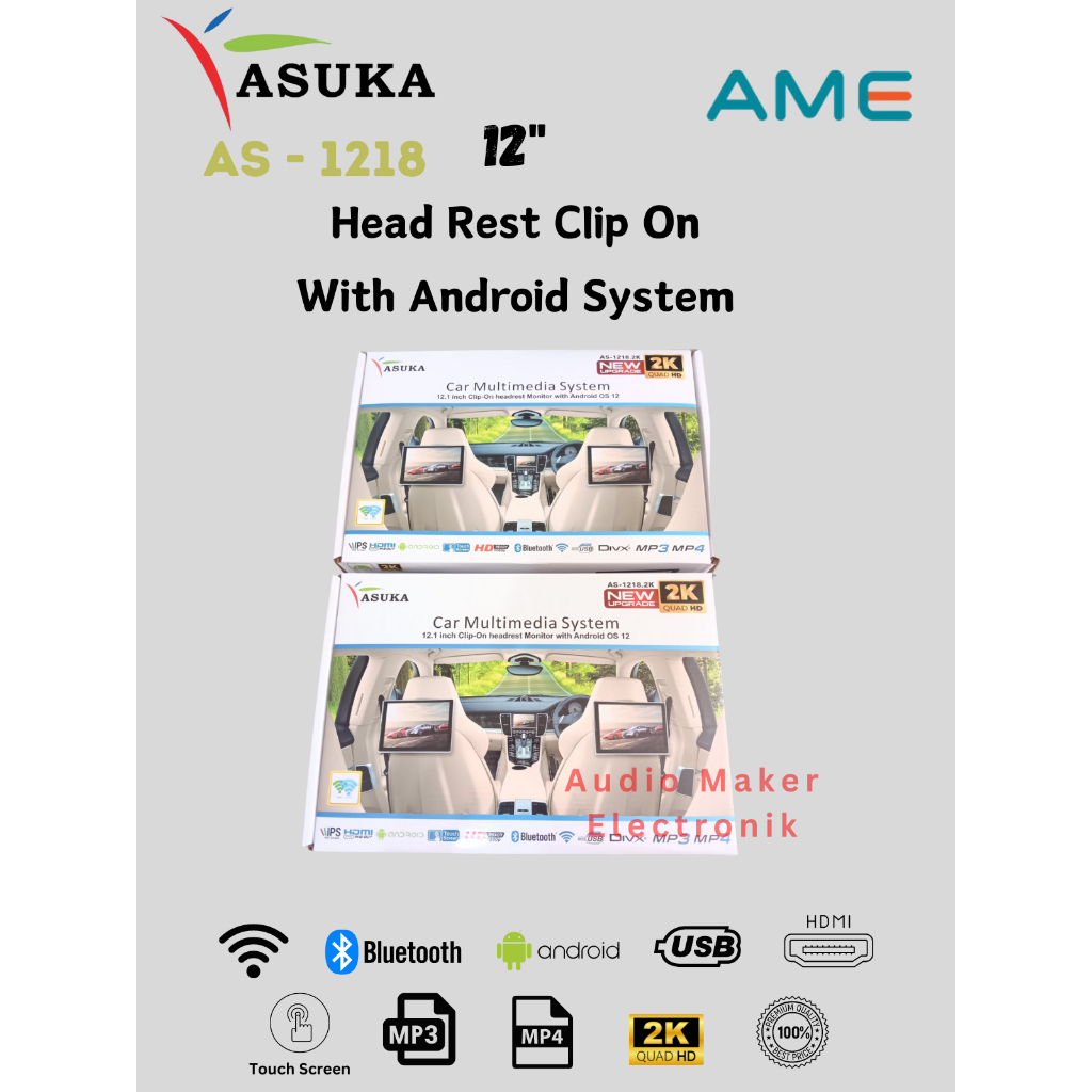 Headrest Clip On Android Asuka AS 1218 12 inch - Headrest  Monitor Mobil 12" Asuka AS-1218 Clip On