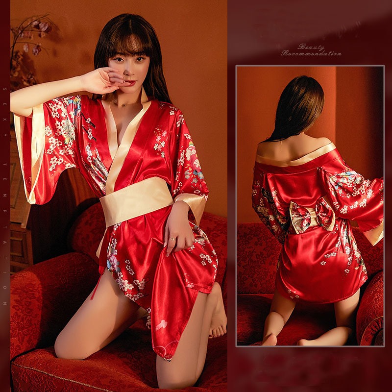 kimono Satin Bunga baju tidur wanita Lingerie dinas malam 3A562