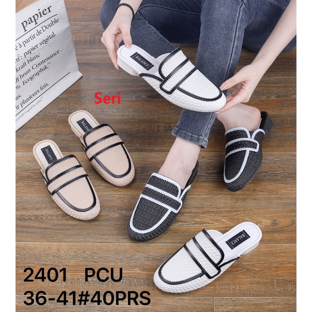Sandal Fashion Wanita Korean Style Balance Motif Rajut Sandal Slip On 2401