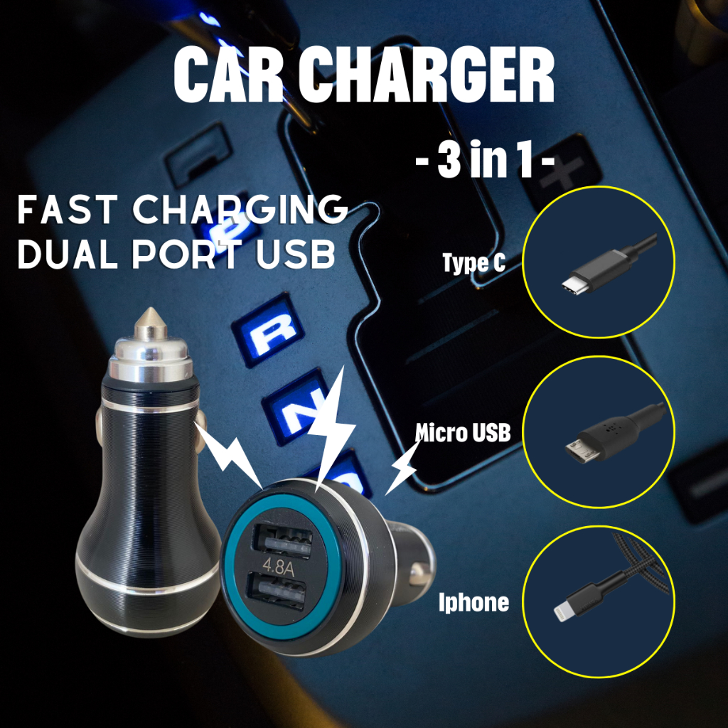 Charger Smartphone Mobil 4.8A Fast Charging 3 In 1