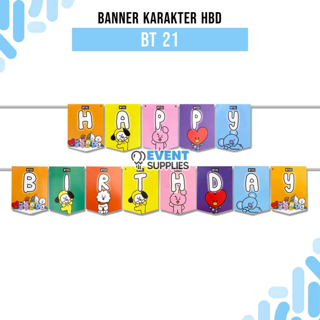 Banner Karakter BT21 kartun Korean BTS / BT21 Happy BirthDay Bunting Flag Warna Banner Set