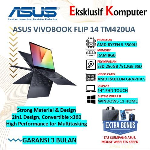 Promo Laptop Kerja Touch Asus Vivobook Flip 14 TM402UA Ryzen 5 5500U Bespoke Black