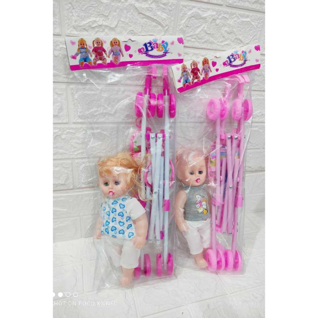 Mainan Anak Trolli Set Mainan Boneka Bayi Nangis Stroller 33202 Roda Boneka