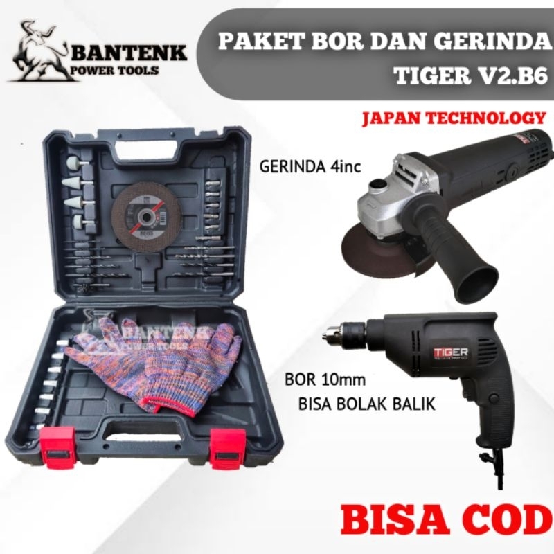 PAKET LENGKAP VARIAN TIGER BOR DAN GERINDA, MESIN BOR LISTRIK 10MM V2, MESIN GERINDA LISTRIK B6. MES