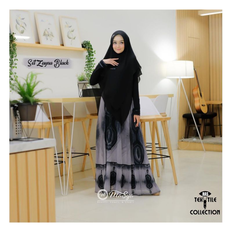 Set Gamis Dress Ceruty Babydoll Syari Branded Prinitng Black - Hitam - Abu - Hitam Mewah Masya Syari