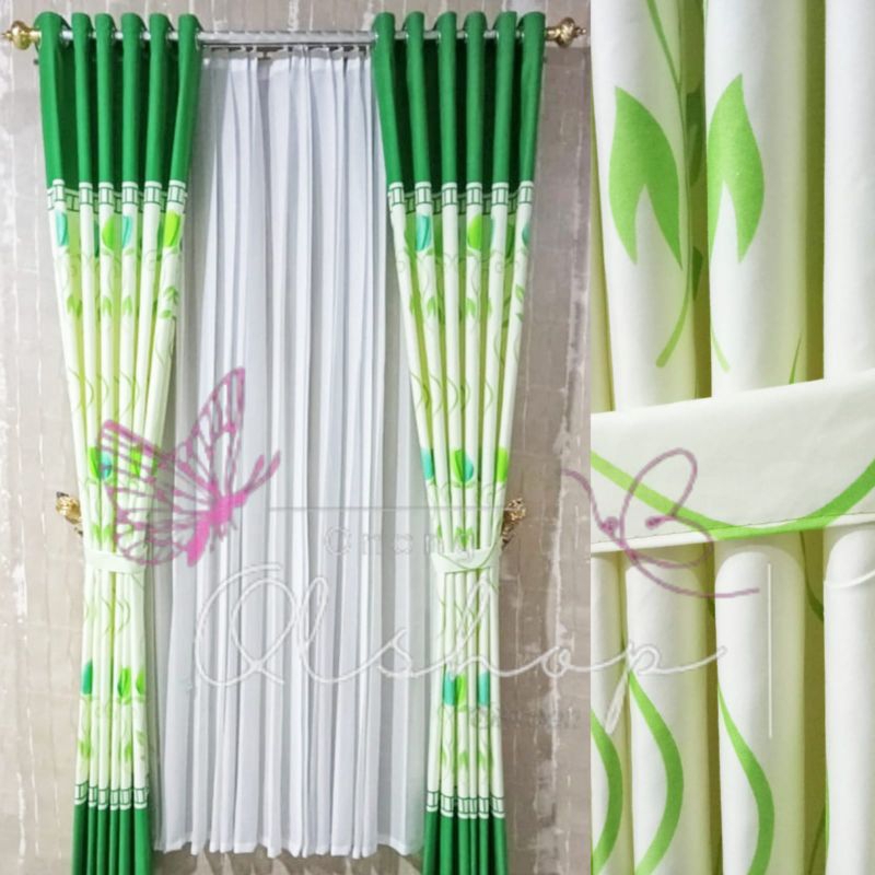 Gorden Mewah murah Motif bunga tulip hijau Cerah Elegan