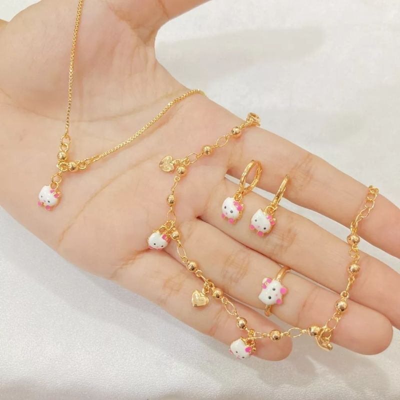 SET ANAK PERHIASAN TITANIUM HELO KITI PUTIH PINK GOLD