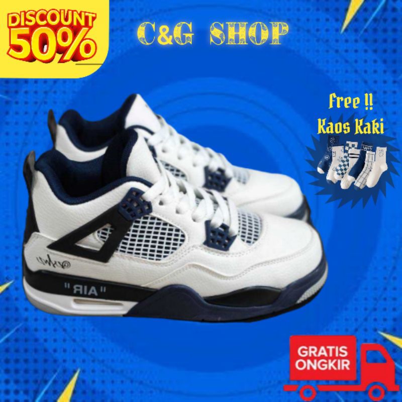 Sepatu Sneakers Pria Wanita Jordan 4 White Navy Untuk Olahraga Basket