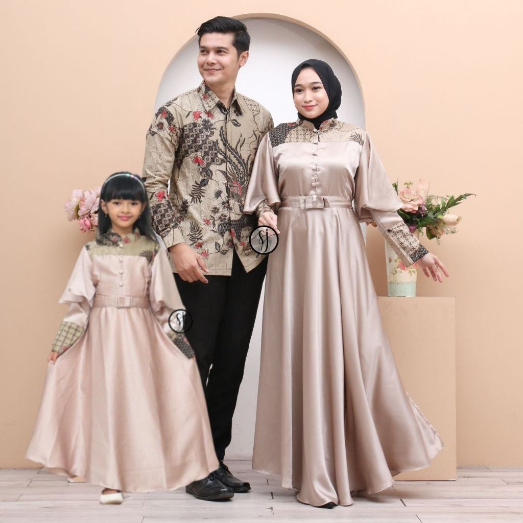 Baju Couple Keluarga Maxmara Luxury Krem | Sarimbit Batik Gamis Wanita Kapelan Family set Pasangan T