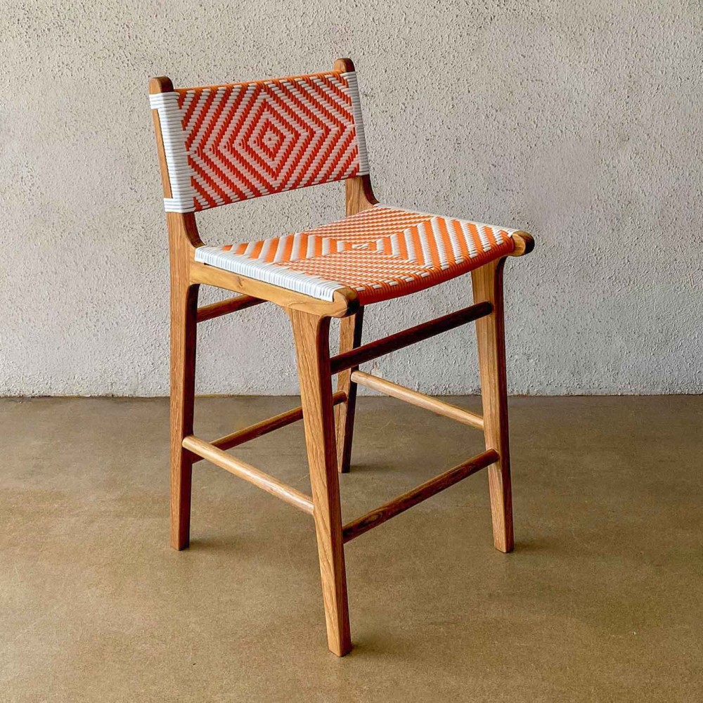 Nadia Barstool Kursi Bar Kayu Anyaman Rotan Tangerine + White