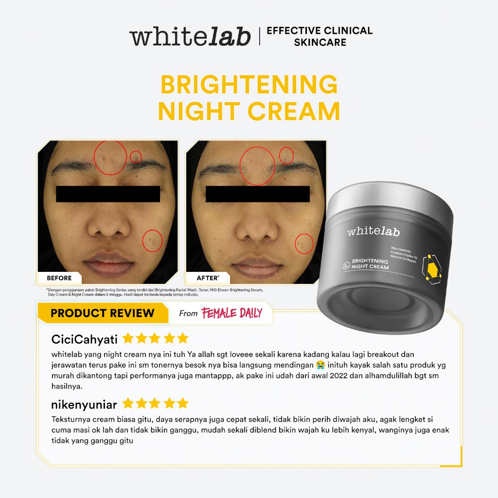 Whitelab Brightening Night Cream - Pelembap Krim Malam Pencerah Wajah Untuk Kulit Kering Dengan Niacinamide, Hyaluronic & Collagen [BPOM] Image 2