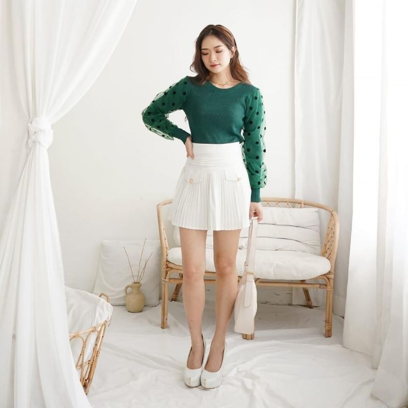 #C597 Knit Polka Full Top Atasan Rajut Polkadot Lengan Balon Panjang