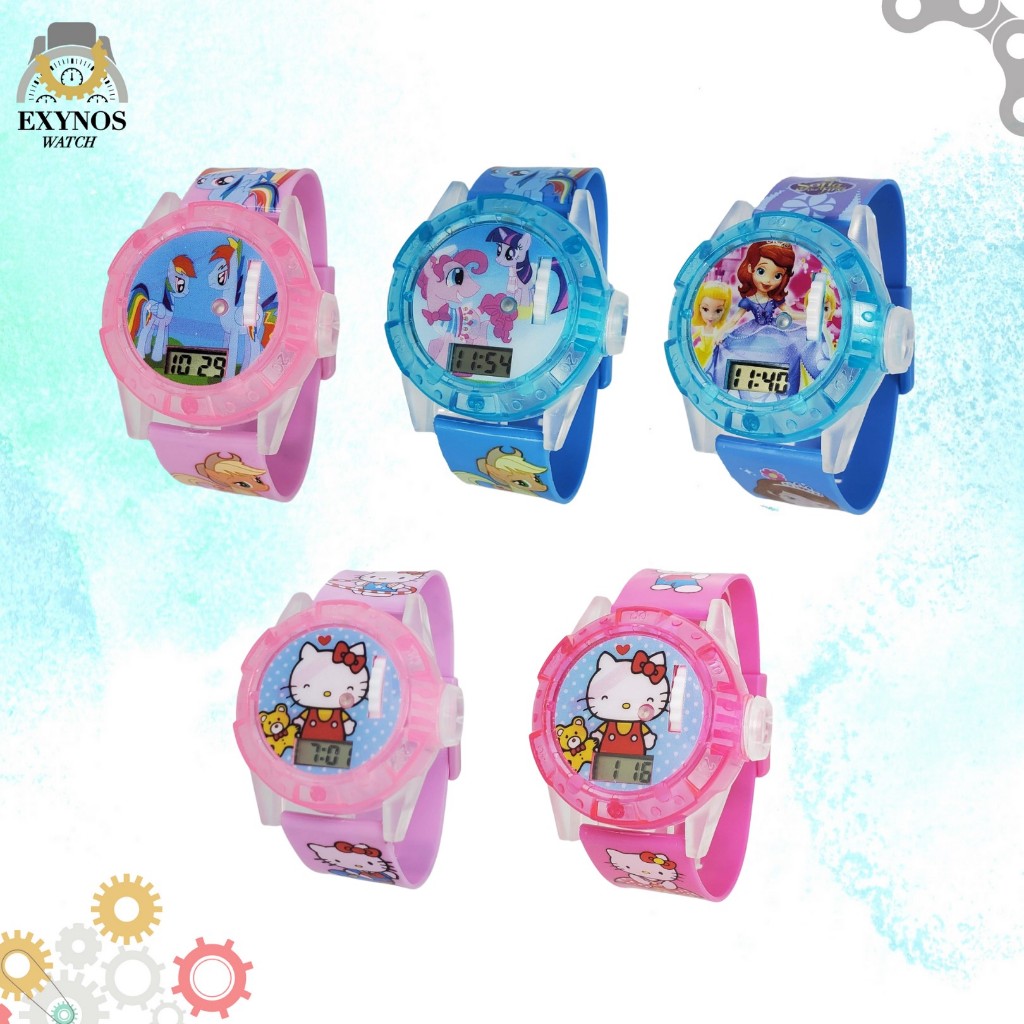 JAM TANGAN ANAK DIGITAL LASER KARAKTER KARTUN CEWEK / PEREMPUAN / WANITA ADA LAMPU PROYEKTOR DAN MUS