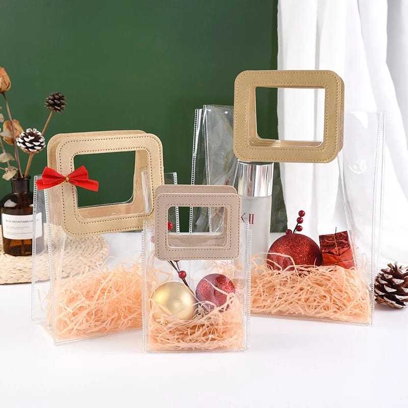 

GOLD - Goodie bag handle leather pvc mika transparan premium - gift bag pvc