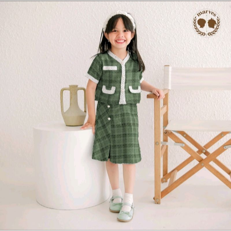 Setelan dress one set baju anak perempuan korean style bahan tweed wool lengan pendek