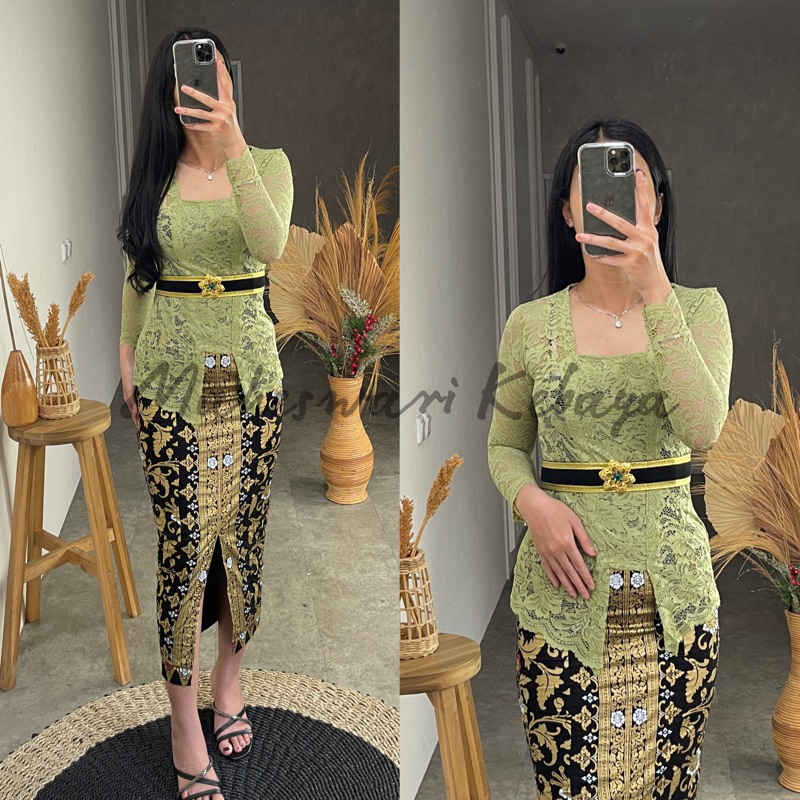 Kebaya Bali Set Brukat Panjang Sage Green