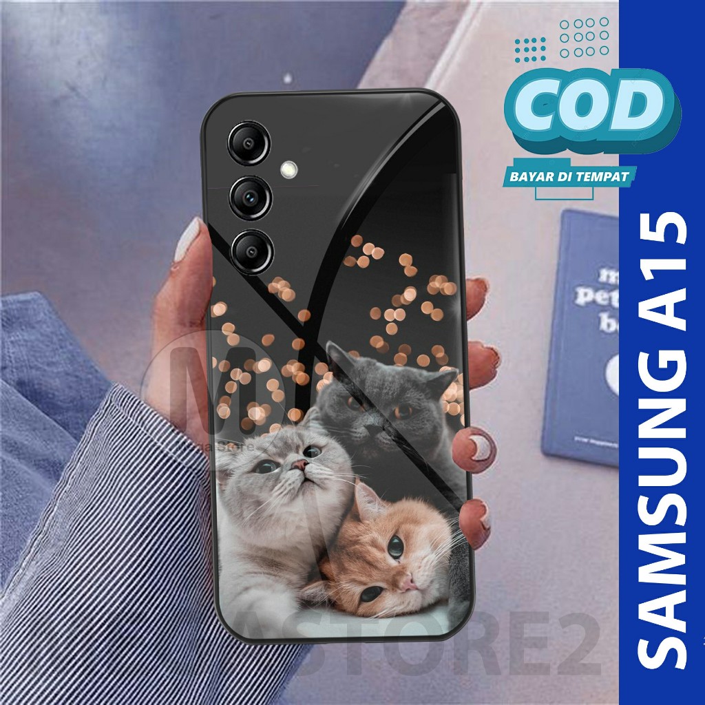 Softcase Kaca Case Samsung A15 2023 Terbaru Motif Kucing Cat Pelindung Hp Anti Air [MG385]