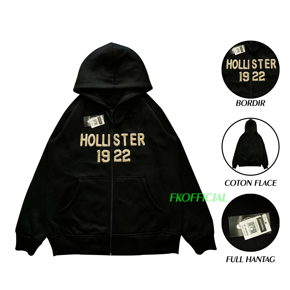 Hoodie Hollister 1922 Bordir Zipper Casual Unisex Pria dan Wanita