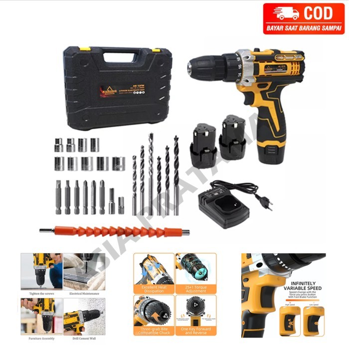 100%(ORI) YUKIDO 12V Mesin Bor Cordless bor listrik 2 baterai set - 12V 2 Baterai bor portable