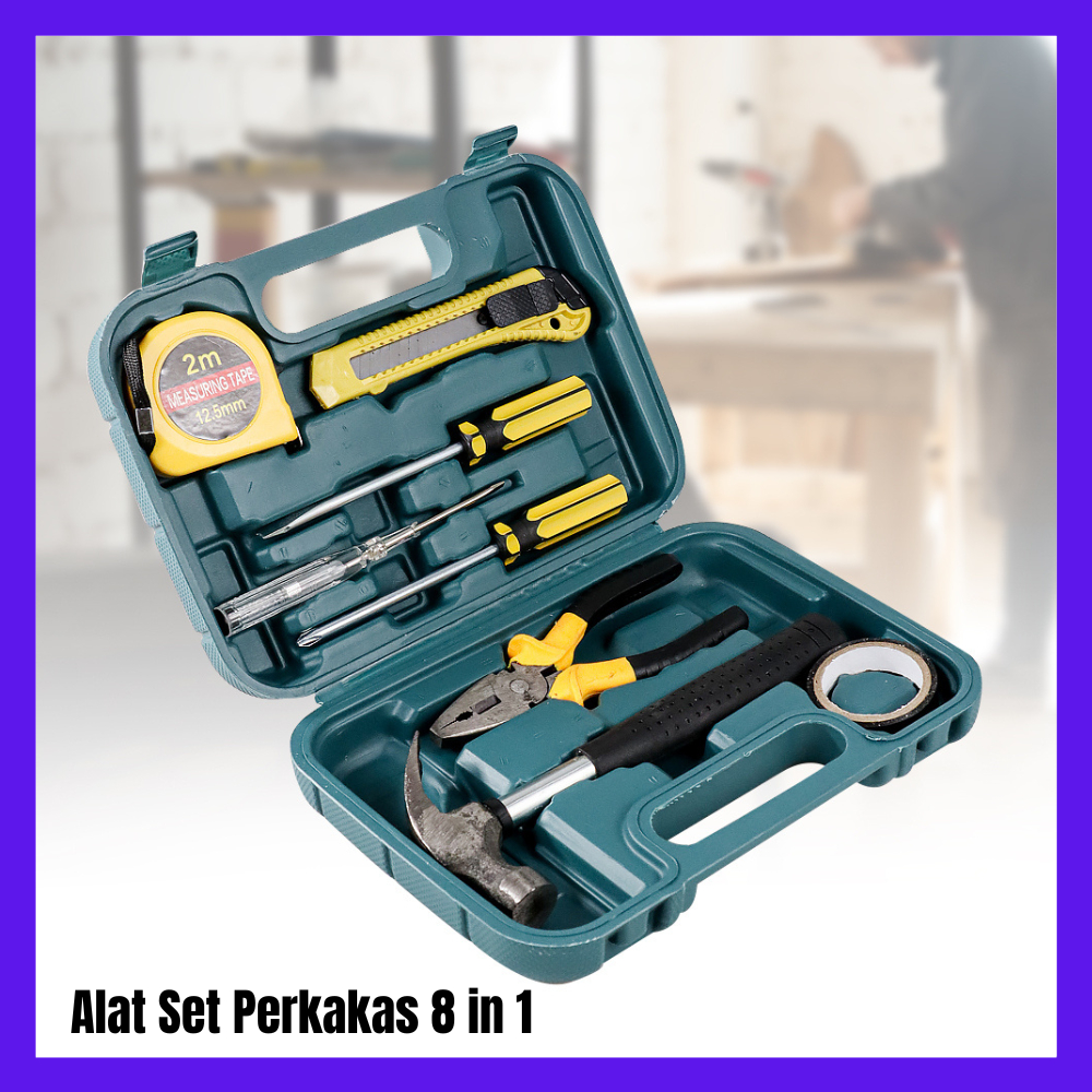 Alat Set Perkakas Palu Tang Obeng Cutter Meteran 8in1 Tool Box Set Perkakas Palu Tang Obeng