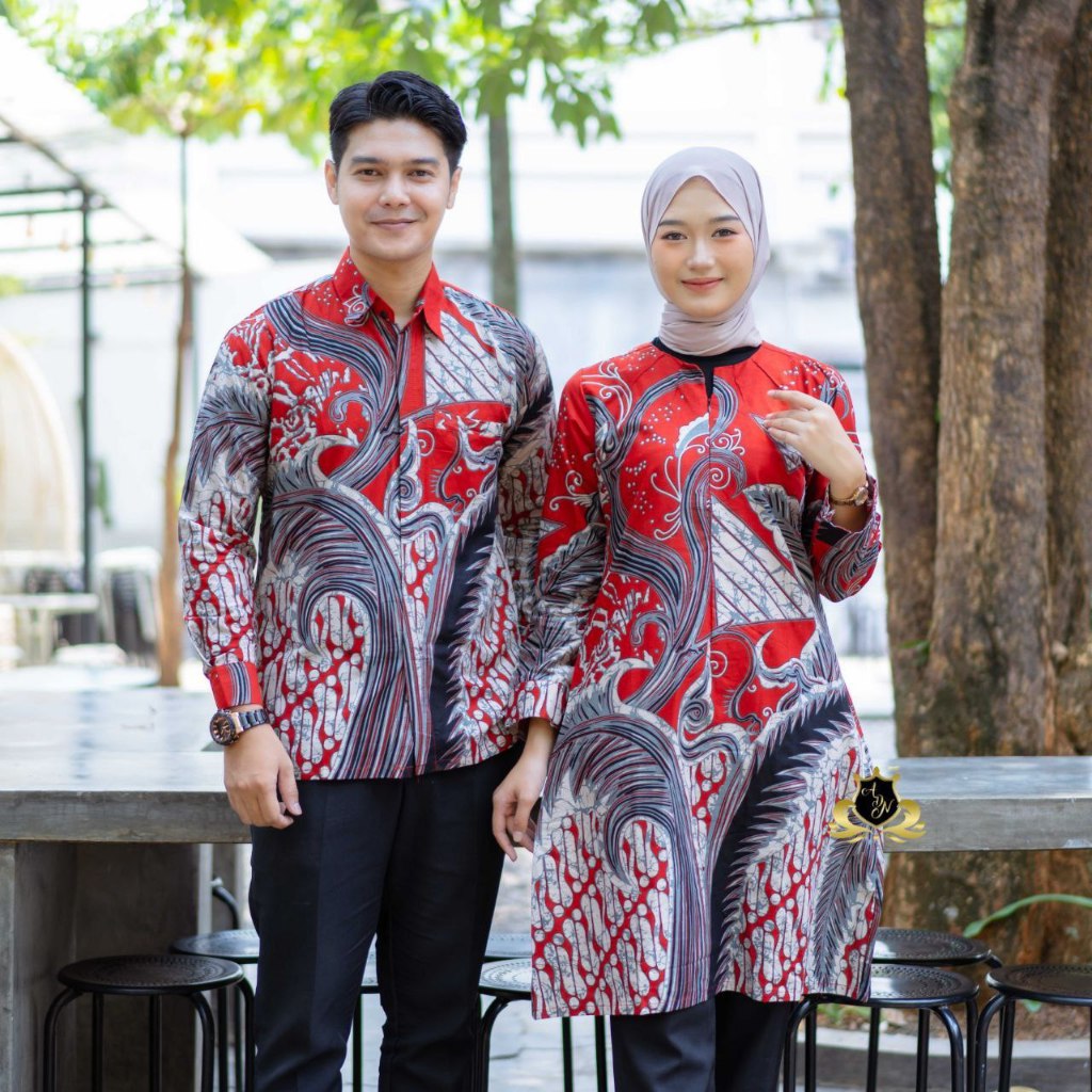 (NEW) Batik Couple Kemeja Pria dewasa & Tunik motif Mecca merah