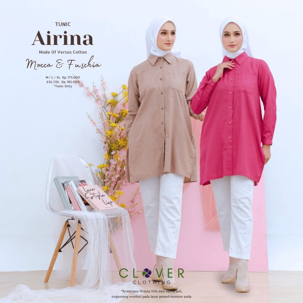 Clover Clothing-Tunic Airina Mocca-Fuschia Versus Cotton Blouse Wanita Dewasa Lengan Panjang Baju Ke
