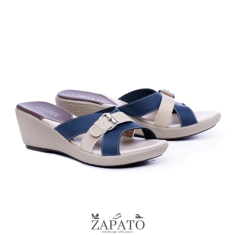 Sepatu Sandal Wedges Wanita Sendal Selop Slop Pesta Biru Hak 5cm Murah - Zapato Official