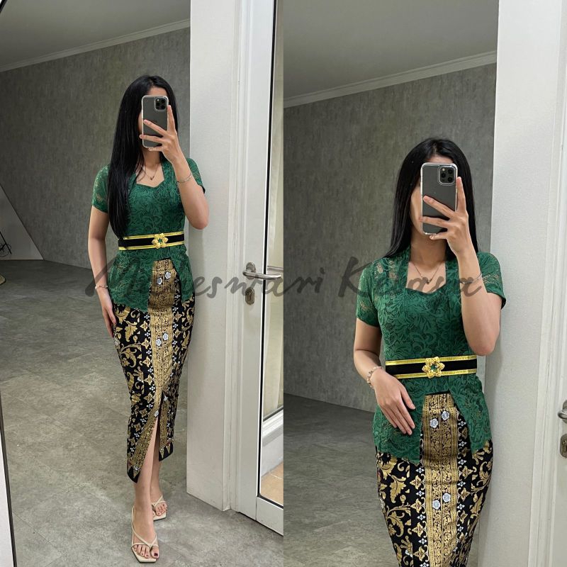 Kebaya Bali Set Brukat Pendek Hijau Botol