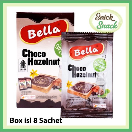 

Bella Spread Selai Kacang Coklat Hazel Sachet Chocolate Hazelnut 240 gr Box isi 8 pcs 30gr