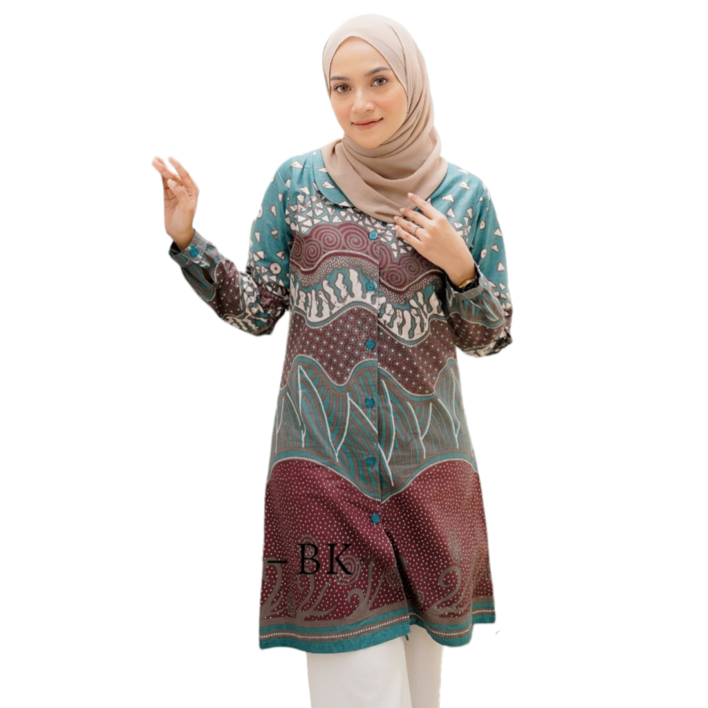 Baju Couple Atasan Kemeja Tunik Batik Motif Truntum Rintik Hujan Tosca Full Kancing Busui Seragam Ke
