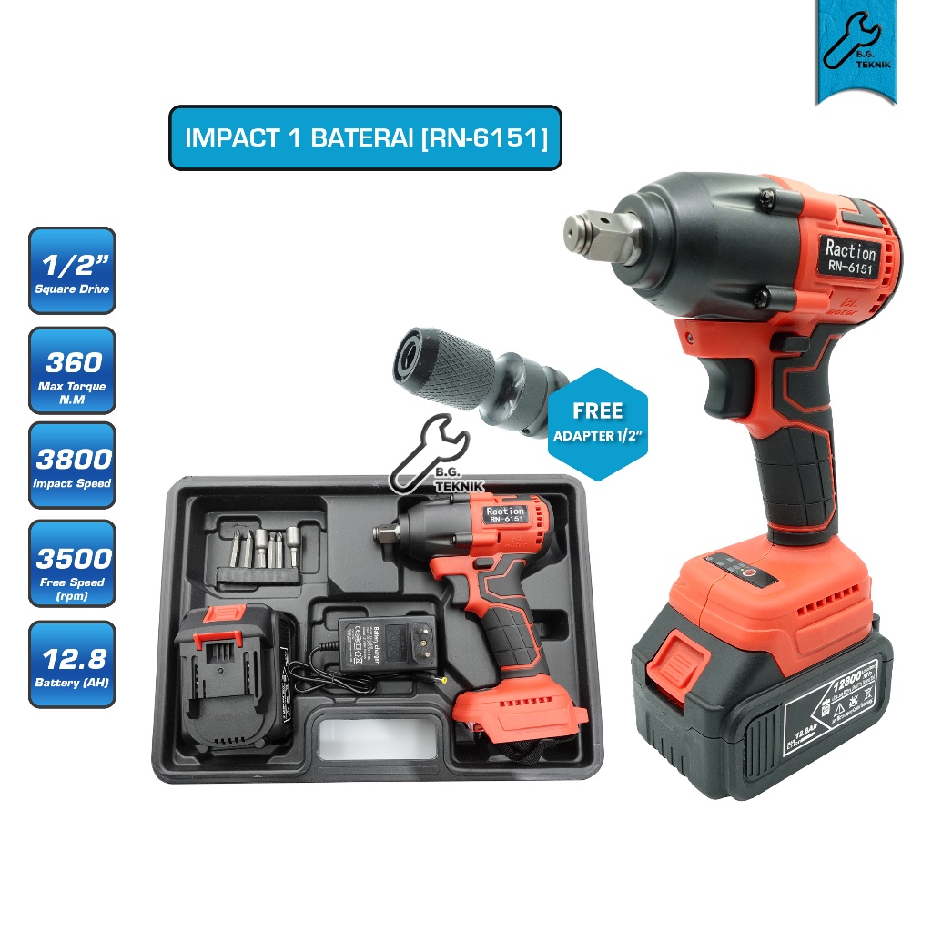[RACTION] Air Impact Wrench 1/2 Inch / Cordless Impact Wrench Brushless 360 / 600 N.M Baterai