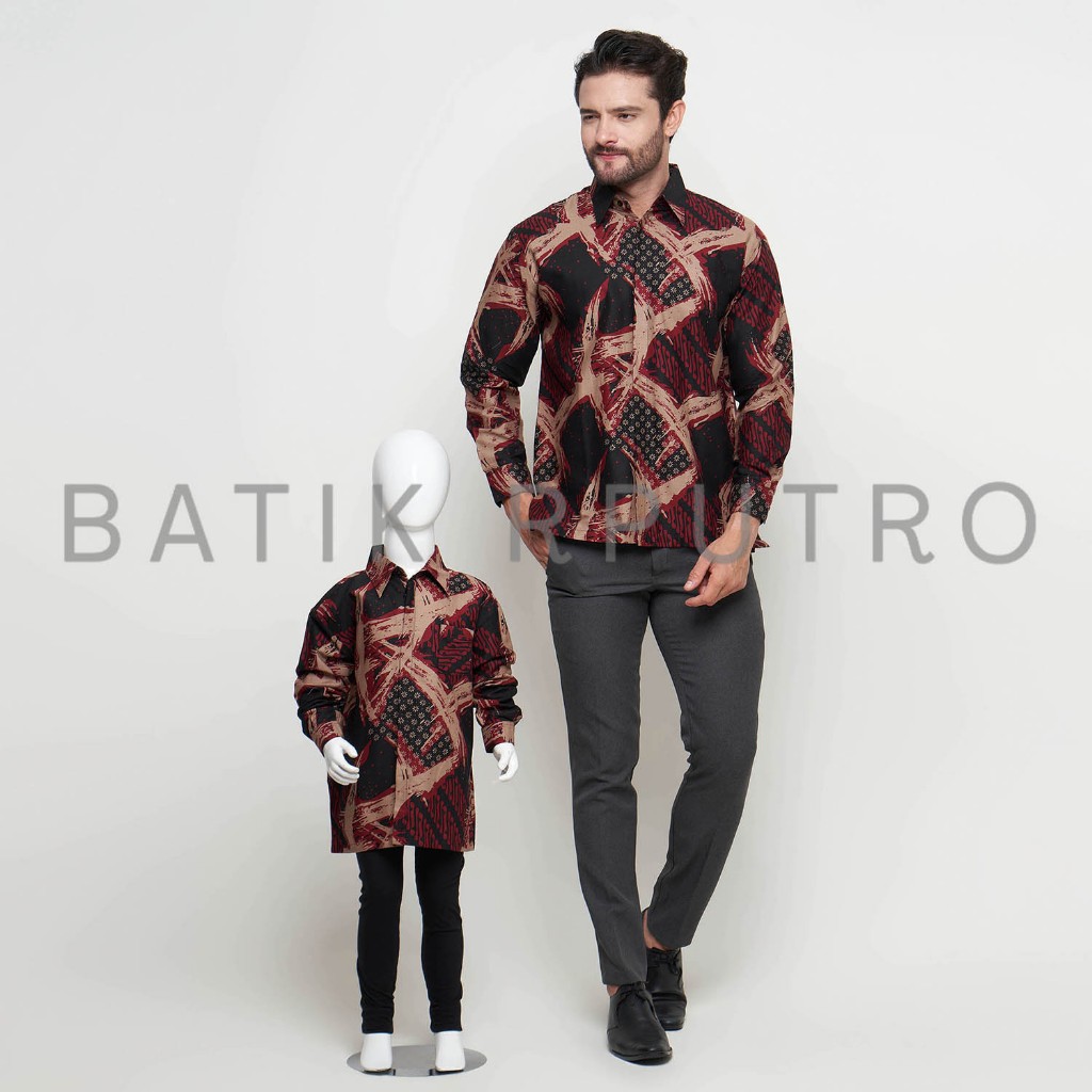 MERAH HITAM ABSTRAK KEMEJA Batik Couple Ayah Anak Warna Merah Maroon, Batik Pria Merah Maroon