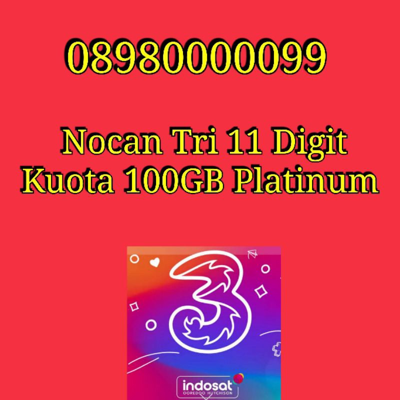 Nomor Cantik Nocan 11 Digit Kartu Perdana Tri Three 4G LTE Kuota 100GB Platinum
