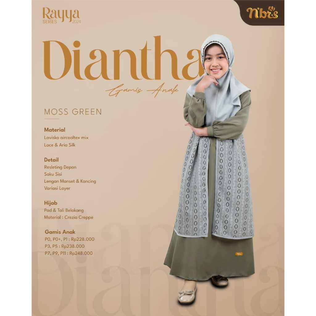 NIBRAS GAMIS ANAK DIANTHA MOSS GREEN,GAMIS ANAK PEREMPUAN,GAMIS ANAK MUSLIM,GAMIS ANAK PROMO
