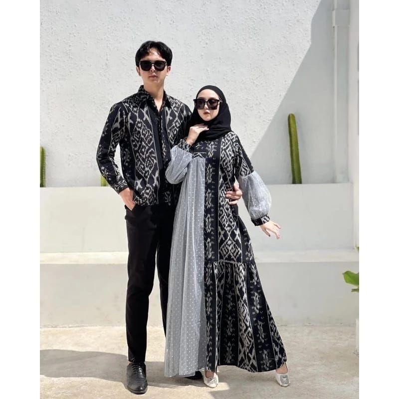 Gamis raya set couple tenun abu silver baju kondangan outfit pasangan kekinian