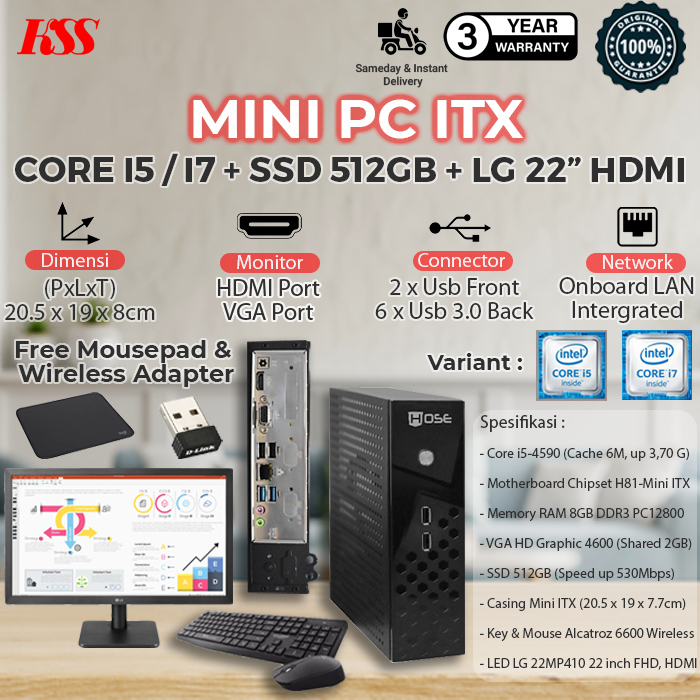 Mini PC ITX Core i5-4590, RAM 8GB, SSD 512GB Plus Monitor LG 22 inch HDMI Lengkap
