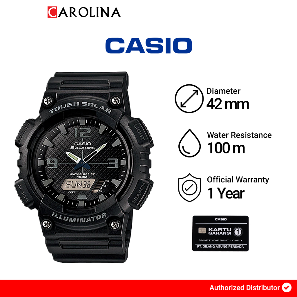 Jam Tangan Pria Casio General AQ-S810W-1A2 Tough Solar Digital Analog Dial Black Resin Band