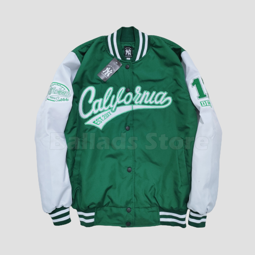 JAKET VARSITY PRIA WANITA CALIFORNIA  - TEXT HIJAU DAUN FULLTAG MIRROR JAKET BOMBERVARSITY