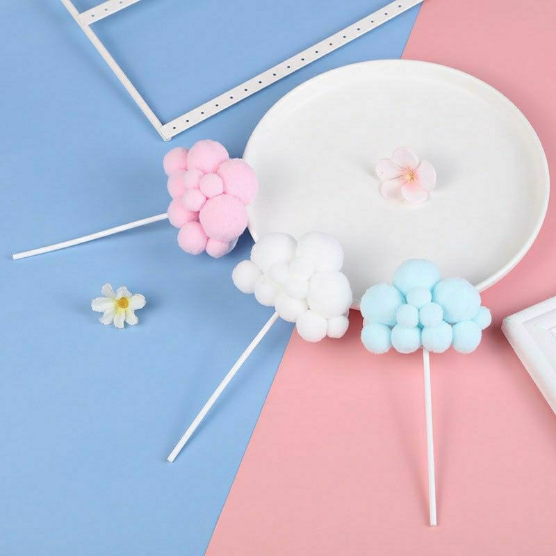 Cake topper bentuk awan hiasan dekorasi kue ulang tahun ultah cupcake roti balon udara cloud pompom 