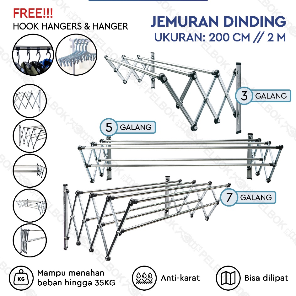 Bayar Di Tempat PELBOK Jemuran Baju Dinding Lipat 2 cm Stainless Anti Karat 2 Meter Ready