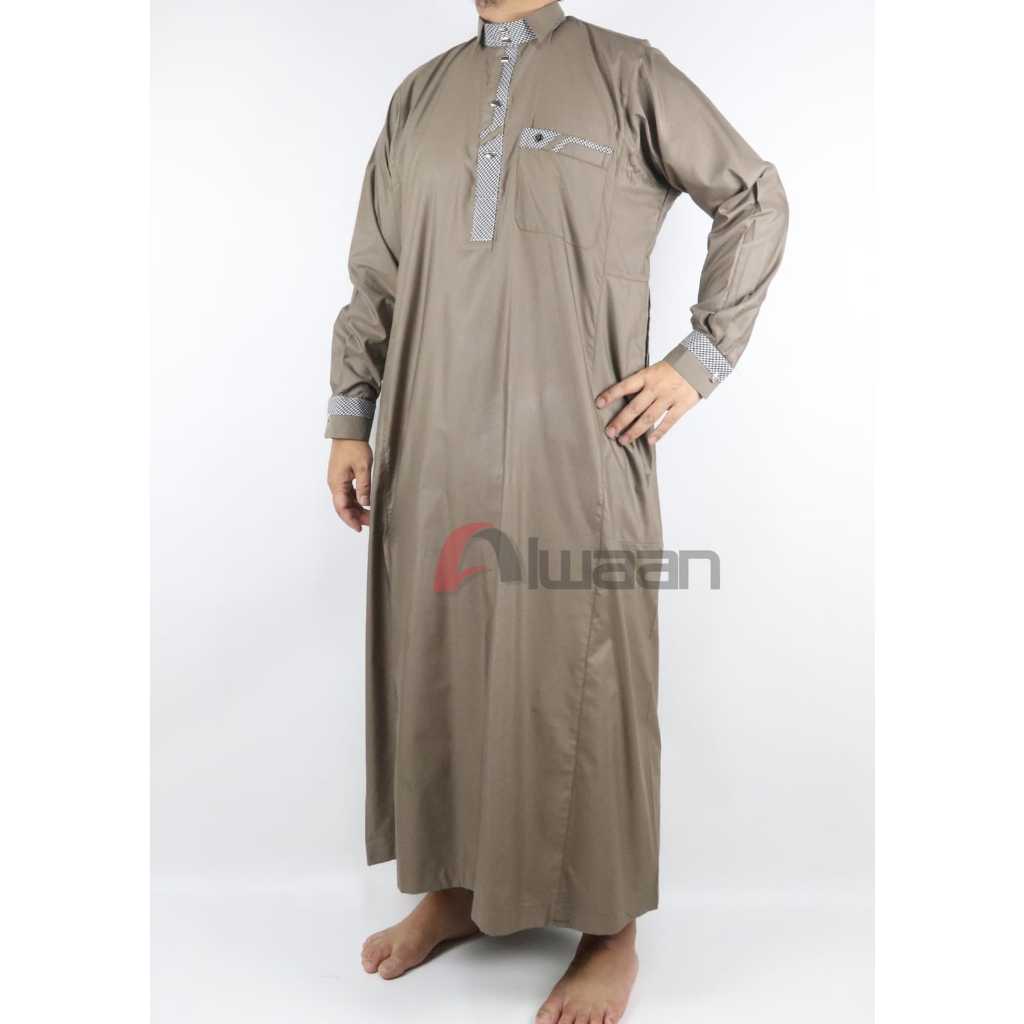 Baju/pakaian muslim pria koko gamis jubah dewasa ALWAAN/ATTALWIN model JD053 MANSET warna KHAKI
