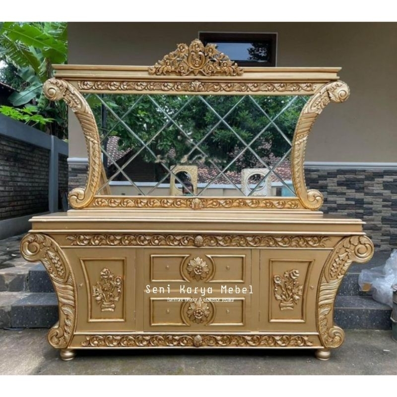 Bufet Hias Pigura Ukir Kayu Jati - Bufet Pajangan Ukir - Pigura Cermin Gold